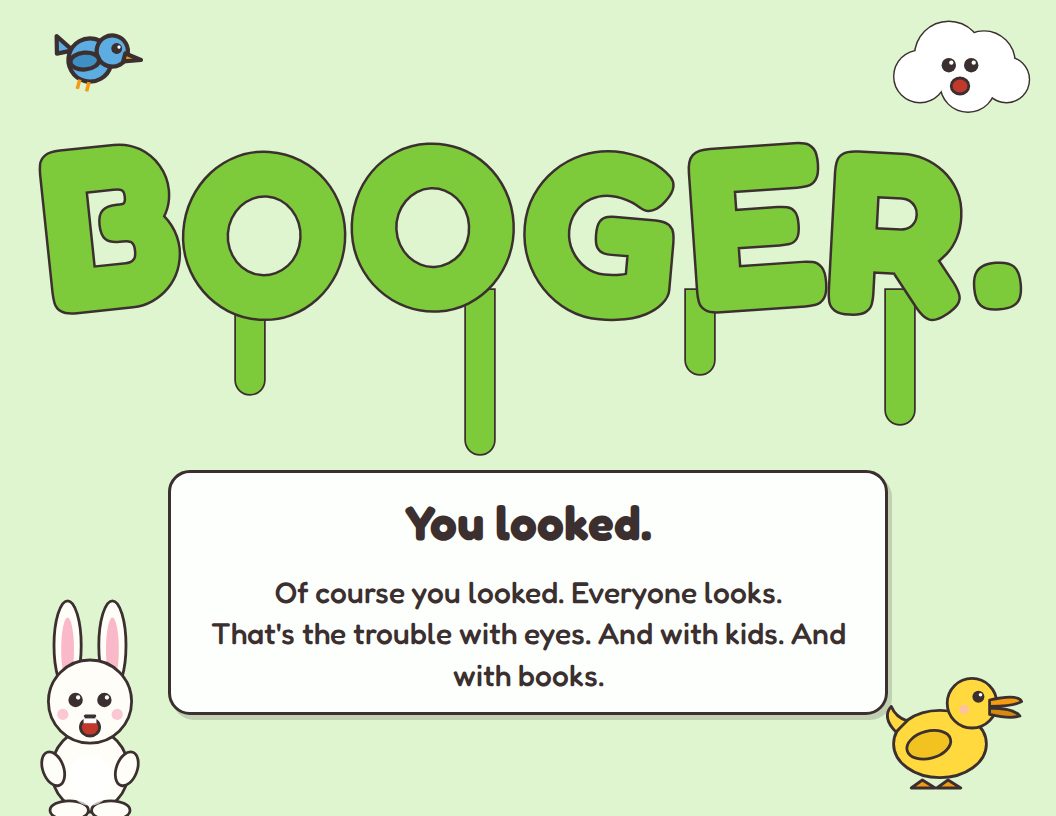 Spread: the word BOOGER fills the page in dripping green letters