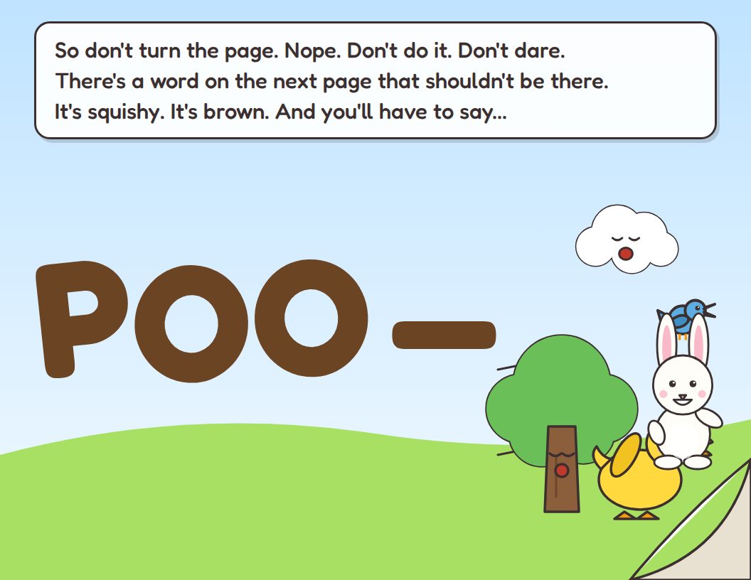 Spread: the word POO— cut off at the edge of the page