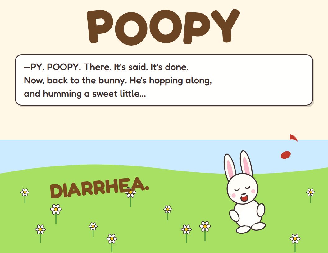 Spread: POOPY in huge letters, and the bunny humming DIARRHEA